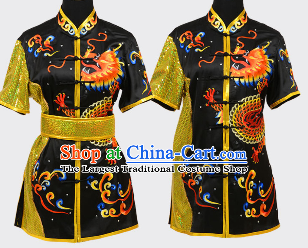 Black Top Short Sleeves Asian Embroidered Dragon Tai Chi Clothes Martial Arts Uniform Complete Set for Men or Women
