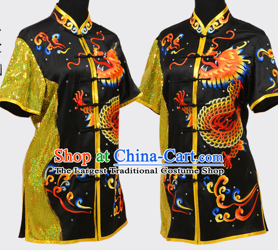 Black Top Short Sleeves Asian Embroidered Dragon Tai Chi Clothes Martial Arts Uniform Complete Set for Men or Women