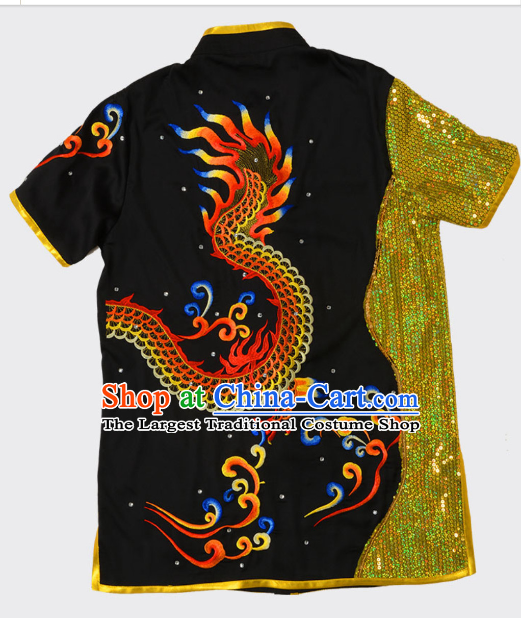 Black Top Short Sleeves Asian Embroidered Dragon Tai Chi Clothes Martial Arts Uniform Complete Set for Men or Women