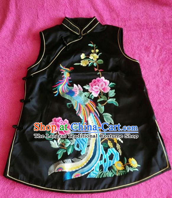 Chinese Traditional Silk Costume Tang Suit Embroidered Phoenix Peony Black Vest for Women