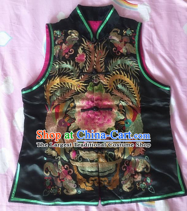 Chinese Traditional Silk Costume Tang Suit Embroidered Peony Black Silk Vest for Women
