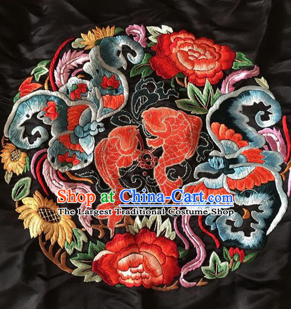 Chinese Traditional Embroidered Fishes Peony Cloth Patches Handmade Embroidery Craft Silk Fabric