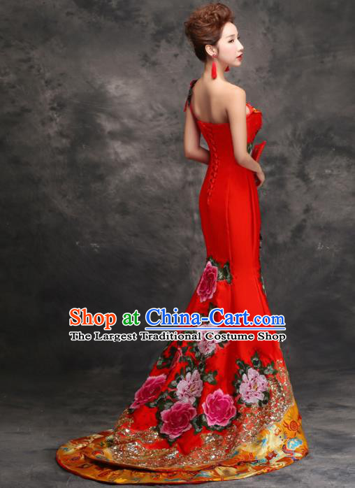 Chinese Traditional Costumes Elegant Embroidered Red Cheongsam Trailing Full Dress for Women