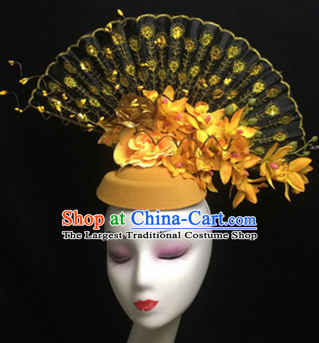 Top Halloween Hair Accessories Chinese Traditional Catwalks Yellow Flowers Top Hat Headdress for Women