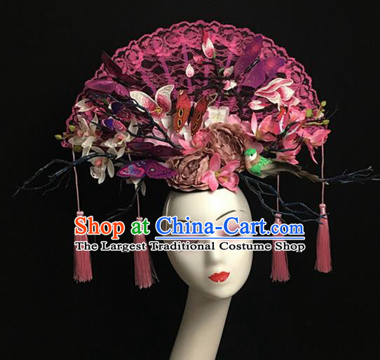 Top Halloween Hair Accessories Chinese Traditional Catwalks Pink Lace Butterfly Headdress for Women