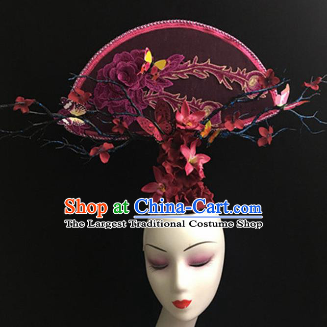 Top Halloween Giant Hair Accessories Chinese Traditional Catwalks Purple Peony Headpiece for Women