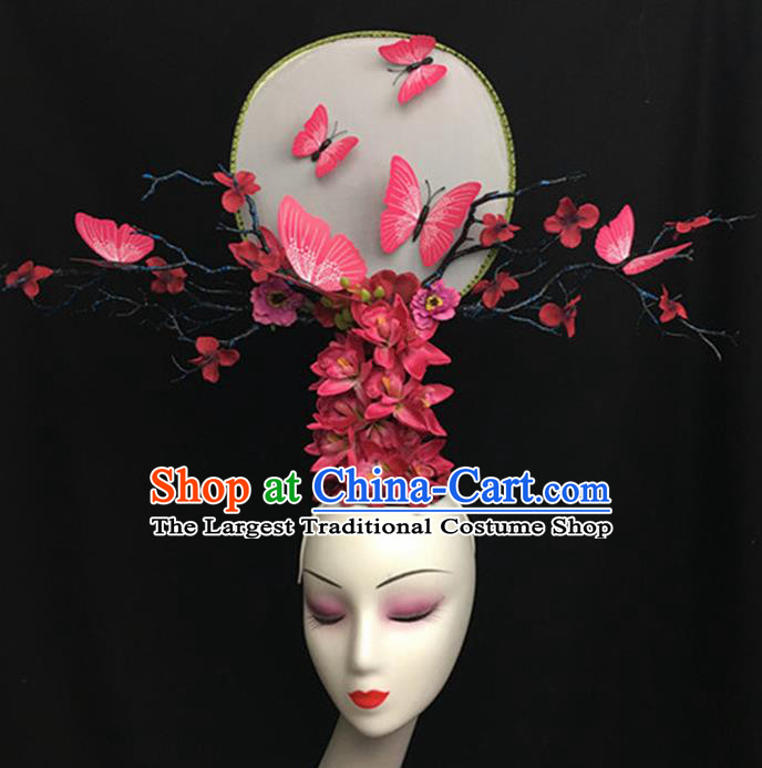 Top Halloween Stage Show Giant Hair Accessories Chinese Traditional Catwalks Pink Butterfly Headpiece for Women