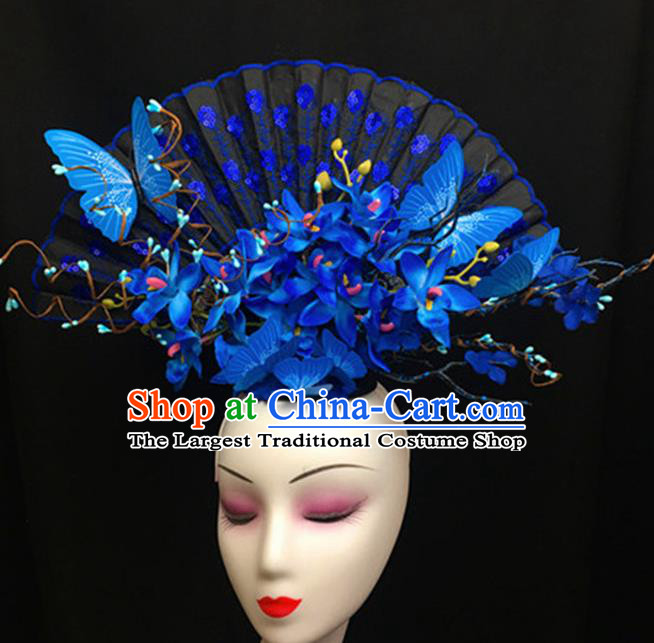 Top Halloween Stage Show Giant Hair Accessories Chinese Traditional Catwalks Blue Flowers Headpiece for Women