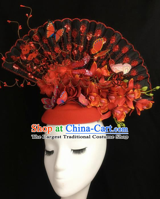 Top Halloween Hair Accessories Stage Show Chinese Traditional Catwalks Red Top Hat Headpiece for Women