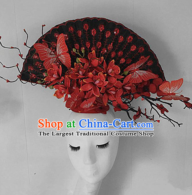Top Halloween Stage Show Giant Hair Accessories Chinese Traditional Catwalks Red Flowers Headpiece for Women