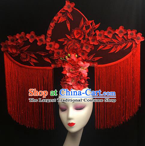 Top Halloween Stage Show Red Peony Giant Hair Accessories Chinese Traditional Palace Catwalks Headpiece for Women