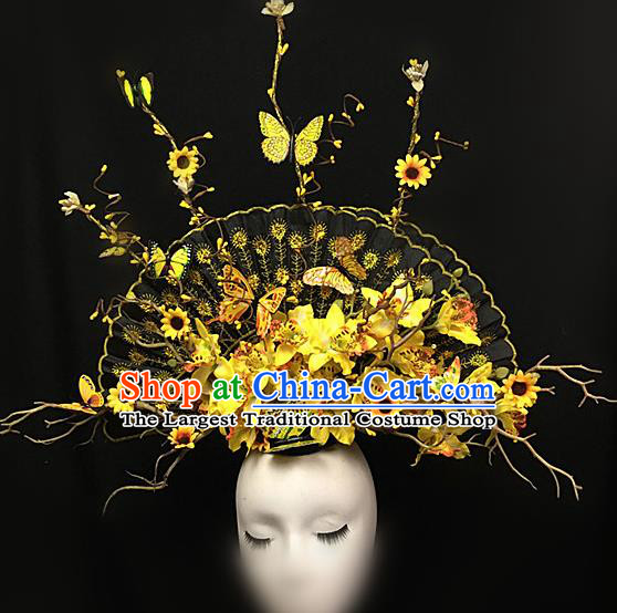 Top Halloween Yellow Flowers Giant Hair Accessories Stage Show Chinese Traditional Palace Catwalks Headpiece for Women