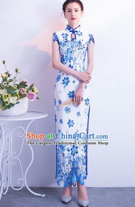 Chinese Traditional Blue Cheongsam Qipao Dress Elegant Compere Full Dress for Women