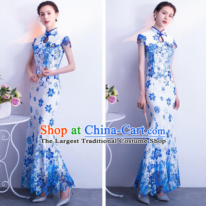 Chinese Traditional Blue Cheongsam Mermaid Qipao Dress Elegant Compere Full Dress for Women