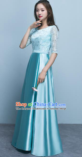 Top Grade Stage Performance Compere Blue Formal Dress Chorus Elegant Lace Full Dress for Women