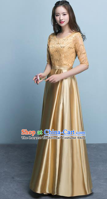 Top Grade Stage Performance Compere Golden Formal Dress Chorus Elegant Lace Full Dress for Women
