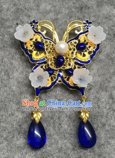 Chinese Traditional Hanfu Pendant Accessories Palace Blue Butterfly Brooch Ancient Qing Dynasty Queen Breastpin for Women