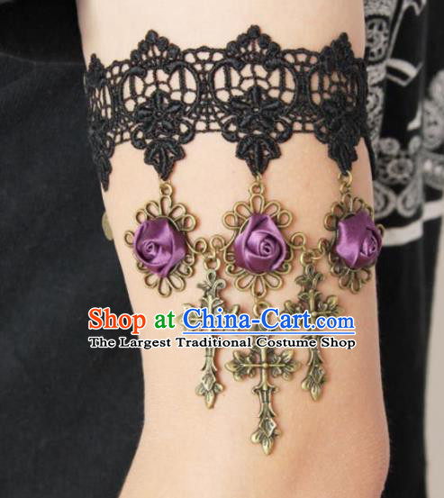 Top Grade Handmade Halloween Purple Rose Armlet Fancy Ball Black Lace Bracelet Accessories for Women