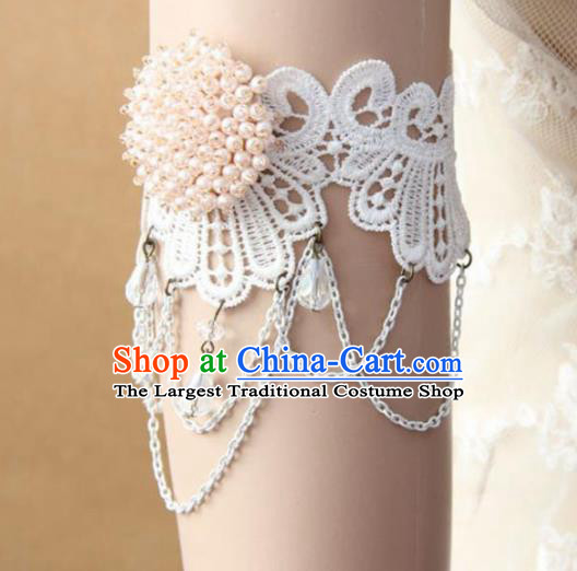 Top Grade Handmade Halloween Cosplay Gothic White Lace Armband Fancy Ball Pearls Bracelet Accessories for Women