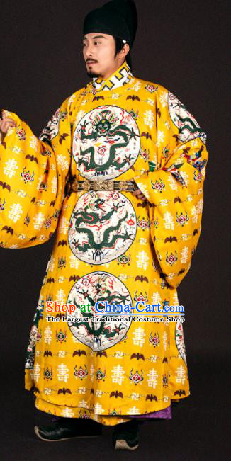 Asian Chinese Traditional Ming Dynasty Emperor Yellow Imperial Robe Ancient Court Monarch Costumes for Men