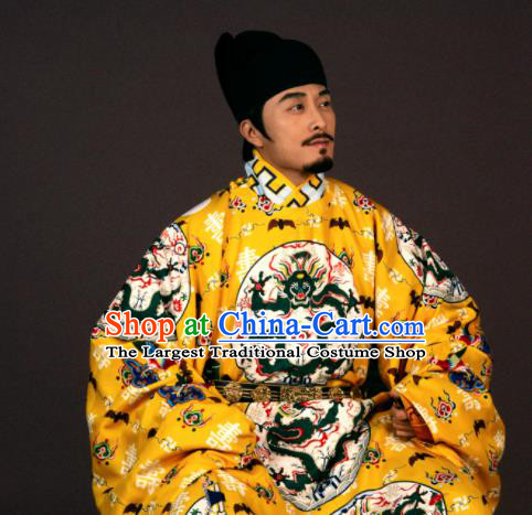 Asian Chinese Traditional Ming Dynasty Emperor Yellow Imperial Robe Ancient Court Monarch Costumes for Men