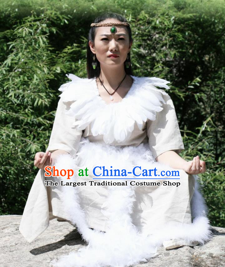 Chinese Ancient Mythology Mother Goddess Nvwa White Dress Empress Wa Costumes Complete Set
