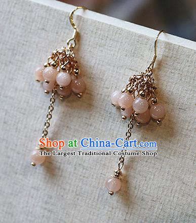 Chinese Traditional Hanfu Pink Beads Tassel Ear Accessories Ancient Tang Dynasty Princess Earrings for Women