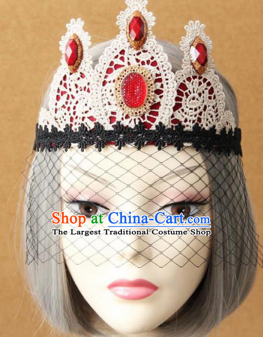 Handmade Halloween Cosplay White Lace Headwear Fancy Ball Stage Show Royal Crown for Women
