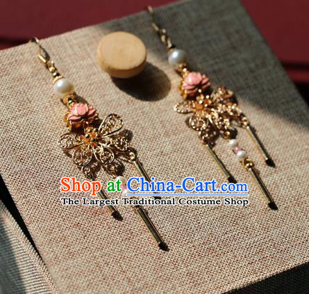 Chinese Traditional Hanfu Golden Butterfly Lotus Ear Accessories Ancient Qing Dynasty Princess Earrings for Women