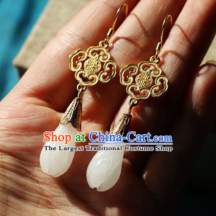 Chinese Traditional Hanfu Jade Magnolia Ear Accessories Ancient Qing Dynasty Princess Earrings for Women