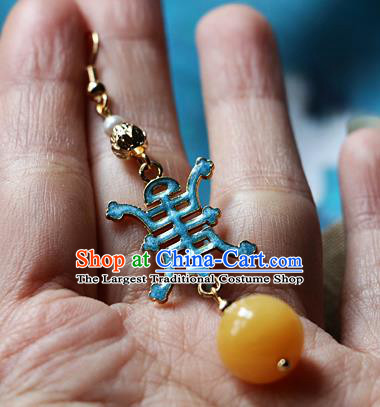 Chinese Traditional Hanfu Cloisonne Yellow Jade Ear Accessories Ancient Qing Dynasty Princess Earrings for Women
