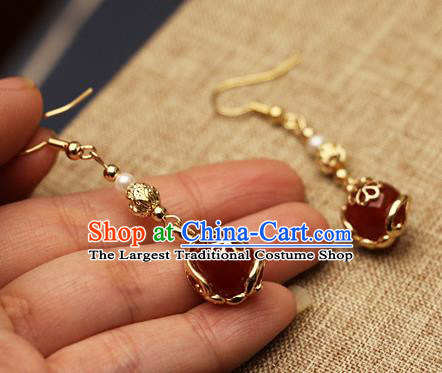 Chinese Traditional Hanfu Agate Golden Ear Accessories Ancient Qing Dynasty Princess Earrings for Women
