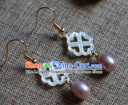 Chinese Traditional Hanfu Court Shell Pearl Ear Accessories Ancient Qing Dynasty Princess Earrings for Women