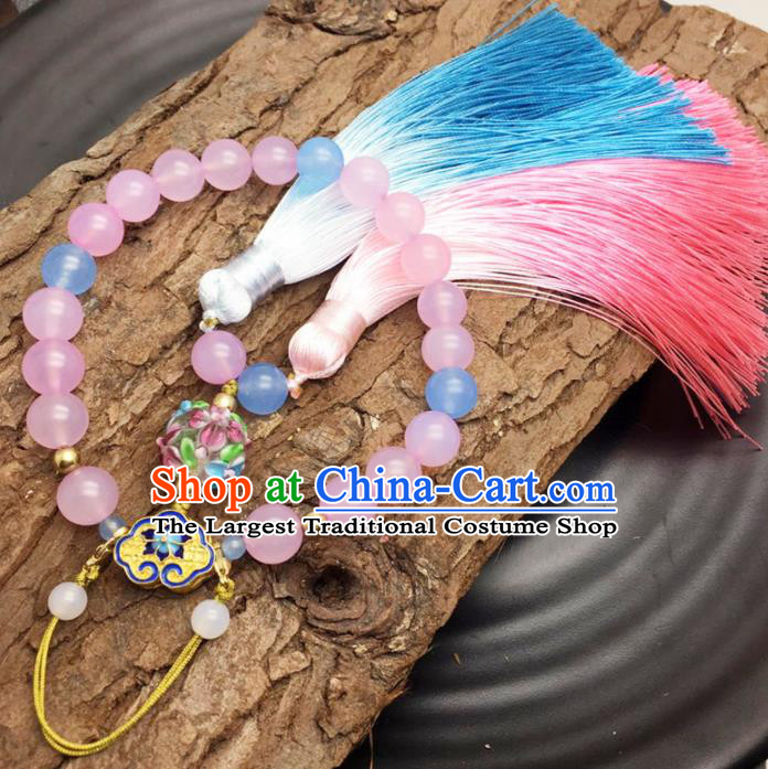 Chinese Traditional Hanfu Pink Beads Tassel Accessories Ancient Qing Dynasty Imperial Consort Brooch Pendant for Women
