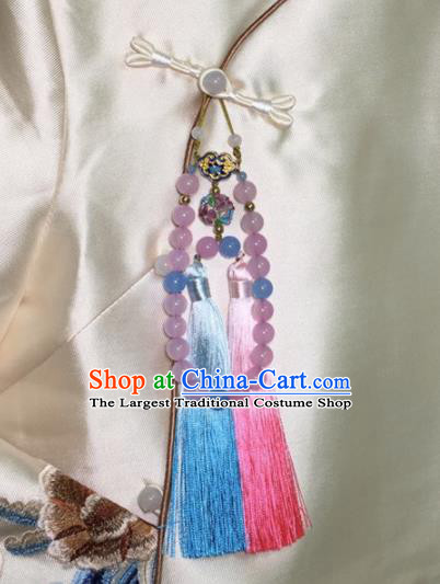 Chinese Traditional Hanfu Pink Beads Tassel Accessories Ancient Qing Dynasty Imperial Consort Brooch Pendant for Women