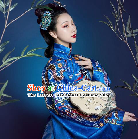 Traditional Chinese Ming Dynasty Countess Replica Costumes Ancient Court Queen Royalblue Silk Hanfu Dress for Women