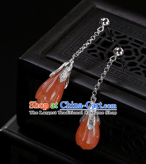 Chinese Traditional Hanfu Court Red Magnolia Ear Accessories Ancient Qing Dynasty Princess Earrings for Women