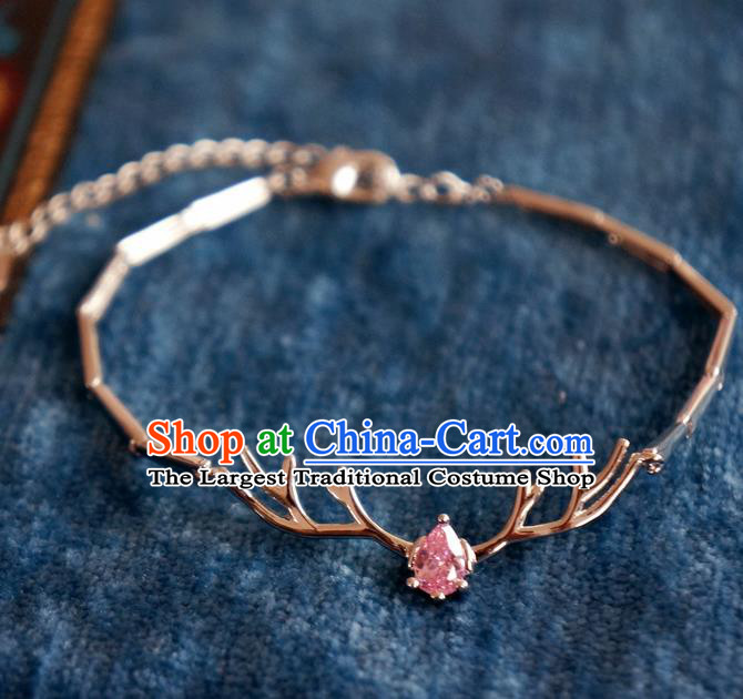 Chinese Traditional Hanfu Jewelry Accessories Pink Crystal Antler Bracelet Ancient Qing Dynasty Princess Bangle for Women