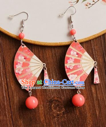 Chinese Traditional Hanfu Court Red Fan Ear Accessories Ancient Ming Dynasty Princess Earrings for Women