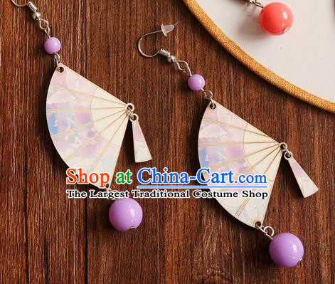 Chinese Traditional Hanfu Court Lilac Fan Ear Accessories Ancient Ming Dynasty Princess Earrings for Women