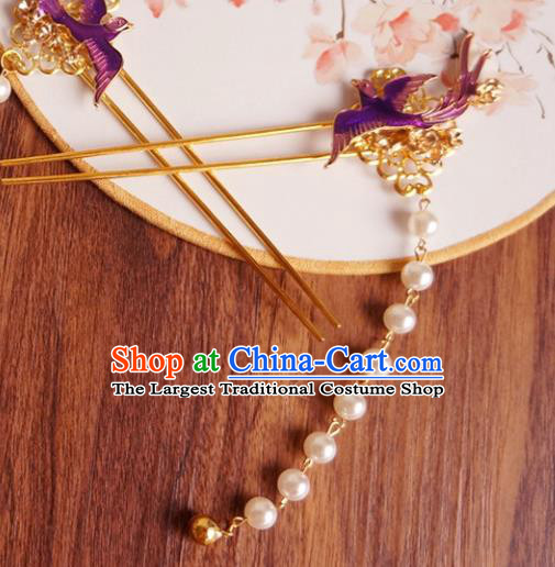 Chinese Ancient Princess Purple Bird Pearls Tassel Hairpins Traditional Hanfu Court Hair Accessories for Women