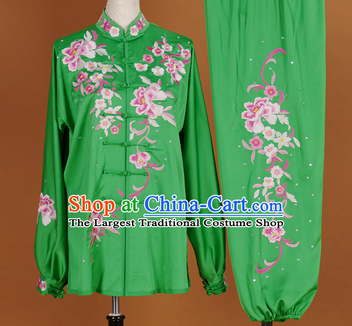 Top Embroidered Green Flower Long Sleeves Tai Chi Suits Martial Arts Clothing Kung Fu Dress Wushu Suits Stage Performance Championship Competition Full Set