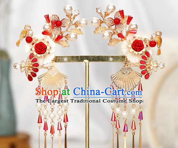 Chinese Ancient Ming Dynasty Princess Red Rose Hair Claws Hairpins Traditional Hanfu Court Hair Accessories for Women