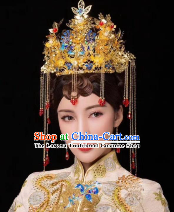 Chinese Ancient Bride Cloisonne Phoenix Coronet Hairpins Traditional Hanfu Court Princess Hair Accessories for Women