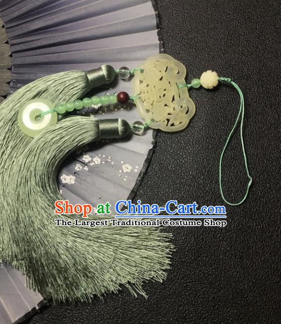 Traditional Chinese Hanfu Jade Longevity Lock Waist Accessories Ancient Swordsman Green Tassel Pendant