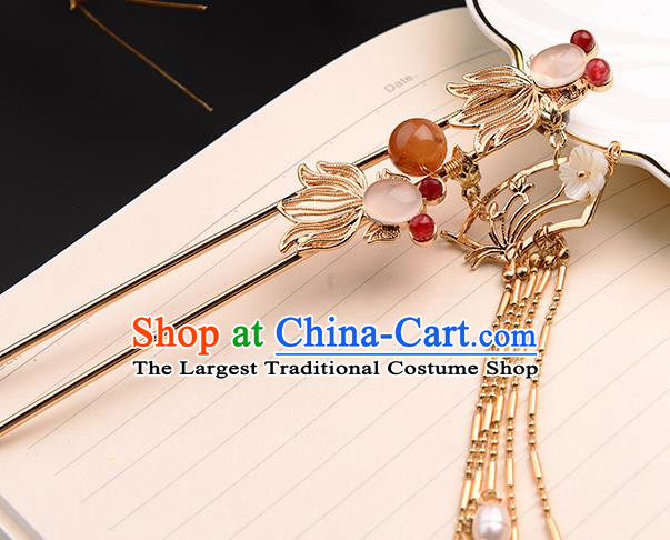 Chinese Ancient Tang Dynasty Princess Agate Goldfish Hairpins Traditional Hanfu Court Hair Accessories for Women