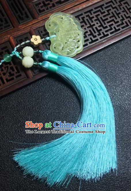 Traditional Chinese Hanfu Jade Carving Plum Waist Accessories Blue Tassel Pendant Ancient Swordsman Brooch