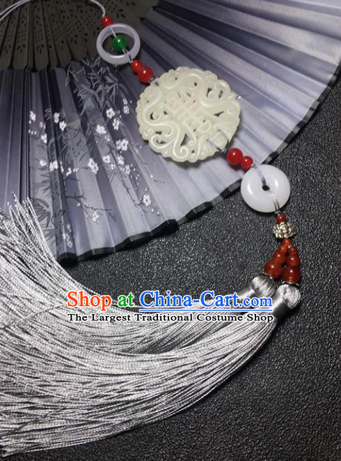 Traditional Chinese Hanfu White Jade Waist Accessories Grey Tassel Pendant Ancient Swordsman Brooch