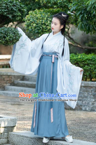 Traditional Chinese Jin Dynasty Court Lady Replica Costumes Ancient Royal Princess Blue Hanfu Dress for Women