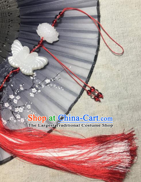 Traditional Chinese Hanfu Jade Carving Butterfly Lotus Waist Accessories Palace Red Tassel Pendant Ancient Swordsman Brooch